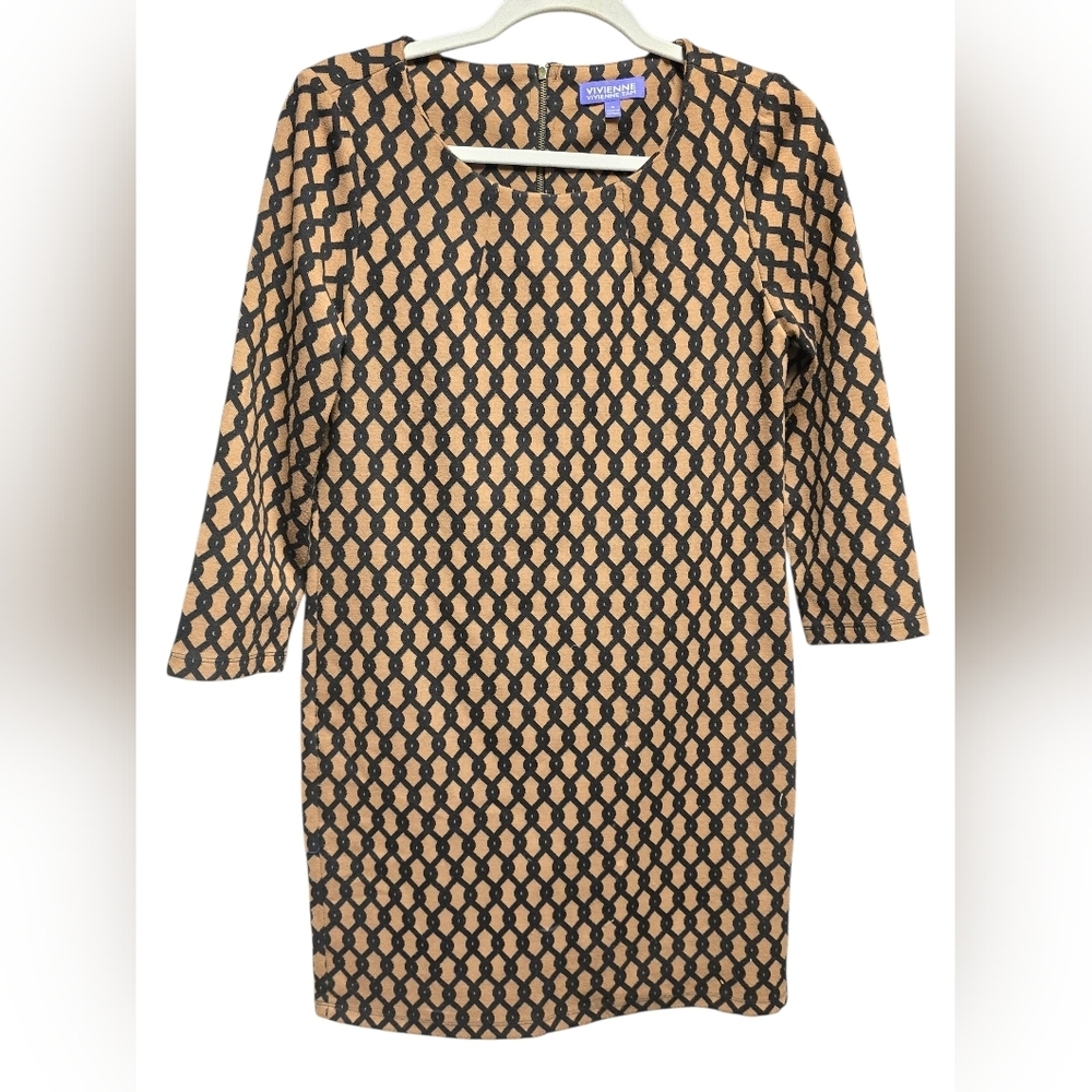 Vivienne Vivienne Tam Shift Dress Black Brown Chain Link 3/4 Sleeve Knit Sz 4